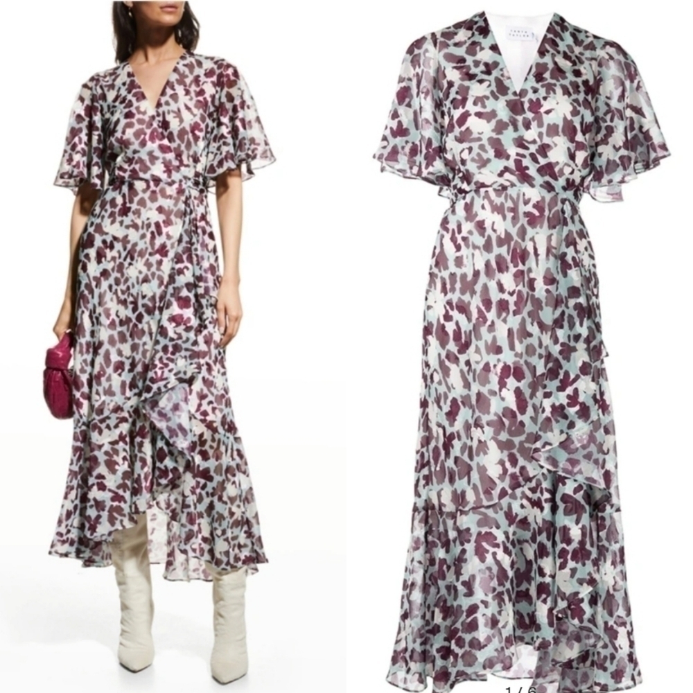 New Tanya Taylor Blaire Floral Wrap Leopard-Print Short-Sleeved Midi Dress Sz 4